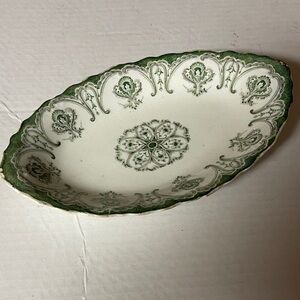 Antique J&G Meakin Chatham England Green White Porcelain Dish Plate Oval Bowl